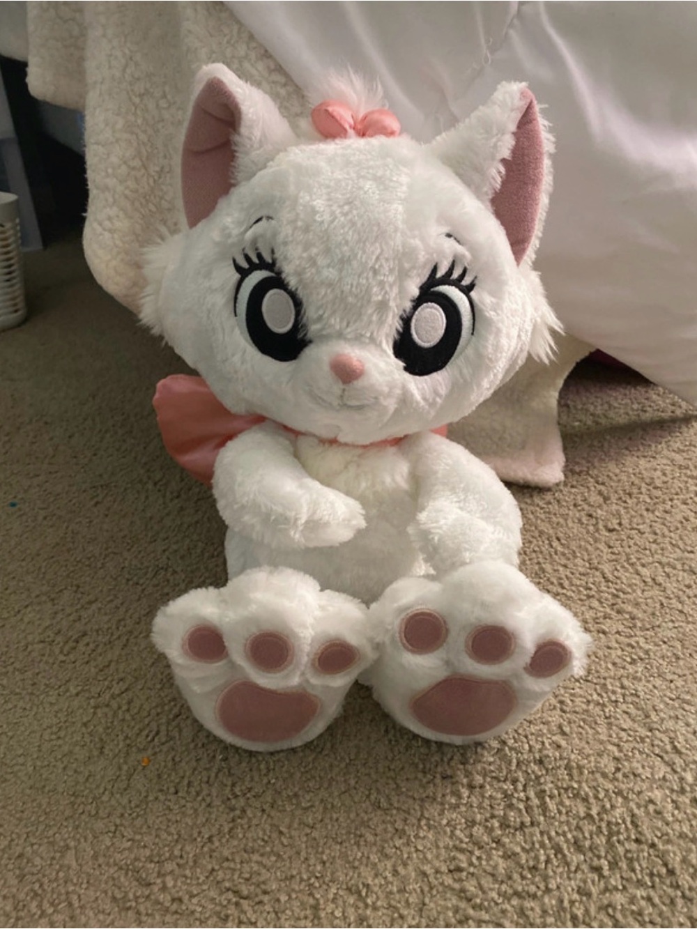 Disney White and Pink Plush Cat Toy - Cute Bow Accent